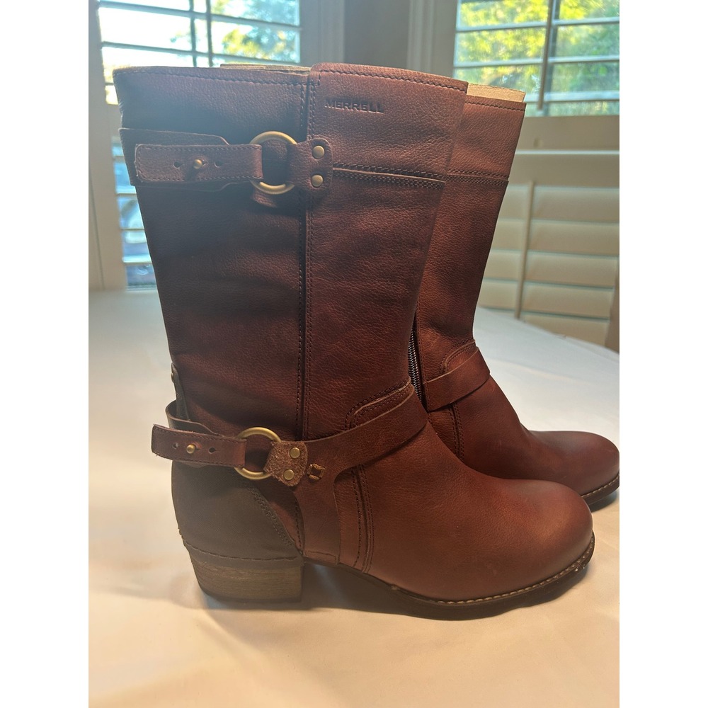 Merrell Shilo Peak Mid Calf Boots Womens 10 Brown Leather Buckle Harness